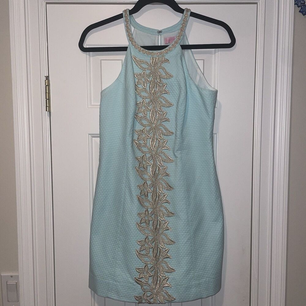 Lilly Pulitzer Pale Blue Halter Midi Dress with Gold Floral Trim